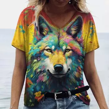 Женская футболка с v-образным вырезом и принтом 3d животных, с коротким рукавом, летние забавные женские футболки Harajuku, повседневная женская одежда большого размера L