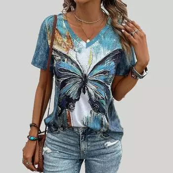 Женская футболка с v-образным вырезом и короткими рукавами с принтом бабочки, свободная футболка, повседневная рубашка XS синий