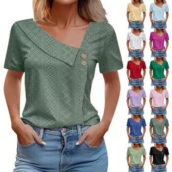 Женская футболка с v-образным вырезом и пуговицами, однотонная, свободная, с короткими рукавами L чёрный