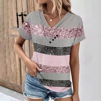 Женская футболка с v-образным вырезом и пуговицами, блестящие блестки, цветные блоки, короткие рукава, свободный пуловер, мягкий дышащий повседневный женский топ S зелёный