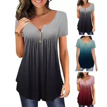Женская футболка с v-образным вырезом и пуговицами, половинная планка с коротким рукавом и свободным подолом, плиссированная рубашка-туника с градиентом цвета