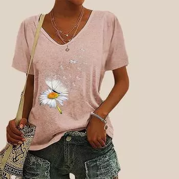 Женская футболка с v-образным вырезом и короткими рукавами, маленькая ромашка, свободная футболка, повседневная рубашка XS зелёный