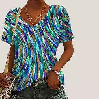Женская футболка с v-образным вырезом и короткими рукавами в синюю полоску с принтом, свободная футболка, повседневная рубашка XS зелёный