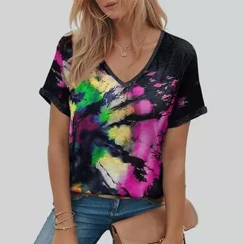 Женская футболка с v-образным вырезом и короткими рукавами с принтом граффити, свободная футболка, повседневная рубашка XS зелёный