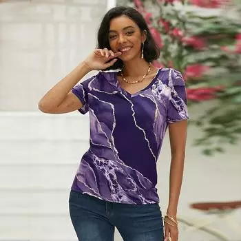 Женская футболка с v-образным вырезом и короткими рукавами в фиолетовую полоску с принтом, свободная футболка, повседневная рубашка XS фиолетовый