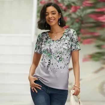 Женская футболка с v-образным вырезом и короткими рукавами, светоотражающий цветочный принт, свободная футболка, повседневная рубашка XS зелёный