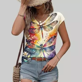 Женская футболка с v-образным вырезом и короткими рукавами, красочный принт стрекозы, свободная футболка, повседневная рубашка XS жёлтый