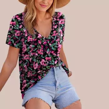 Женская футболка с v-образным вырезом и короткими рукавами, розовая масляная живопись с принтом, свободная футболка, повседневная рубашка XS розовый