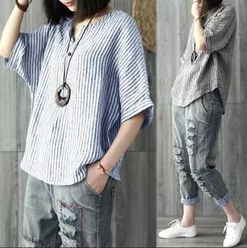 Женская футболка с v-образным вырезом и рукавами «летучая мышь», хлопковый повседневный топ в полоску для женщин S серый