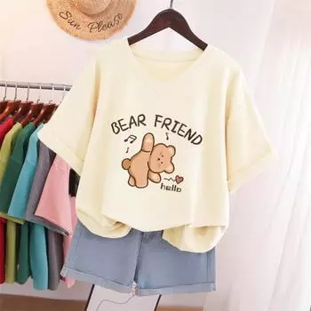 Женская футболка с v-образным вырезом и принтом, 100% хлопок, L-5XL, футболка больших размеров, женский топ с короткими рукавами и кроликом, базовые летние однотонные футболки для пар L белый