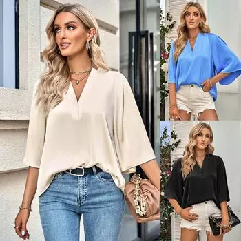 Женская футболка с v-образным вырезом и коротким рукавом, элегантная модная однотонная свободная футболка с коротким рукавом, повседневный дышащий легкий пуловер для работы и отдыха, топ S чёрный