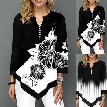 Женская футболка с v-образным вырезом и длинными рукавами, нерегулярные пуговицы, метеоритный цветочный принт L белый