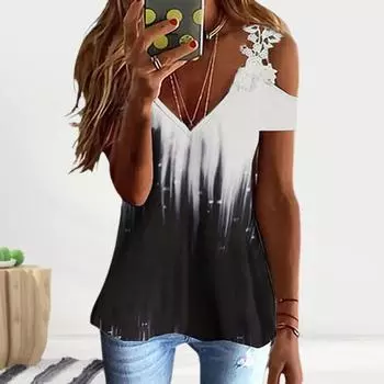 Женская футболка с v-образным вырезом и короткими рукавами градиентного цвета, вышитая кружевная футболка с открытыми плечами