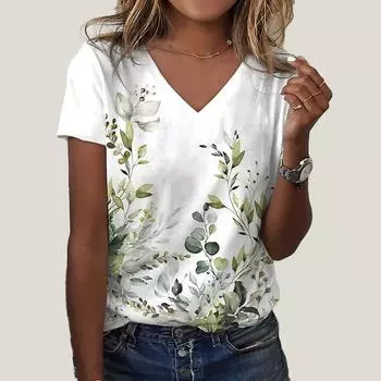 Женская футболка с v-образным вырезом и короткими рукавами, зеленый топ с принтом листьев, свободная футболка, повседневная рубашка XS зелёный