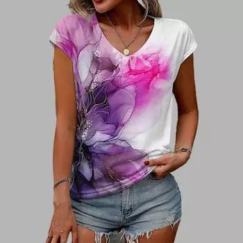 Женская футболка с v-образным вырезом и короткими рукавами, принтом тушью, свободная футболка, повседневная рубашка XS фиолетовый