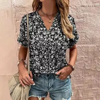 Женская футболка с v-образным вырезом и принтом, повседневные топы с цветочным принтом, дешевая блузка, летняя модная женская одежда, женские футболки большого размера с короткими рукавами S