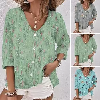 Женская футболка с V-образным вырезом и длинным рукавом, однобортная, с цветочным принтом, свободная, мягкая, повседневная, дышащая, на пуговицах, пуловер, цветная, женская, весна-осень, блузка, рубашка 3XL светло-зеленый