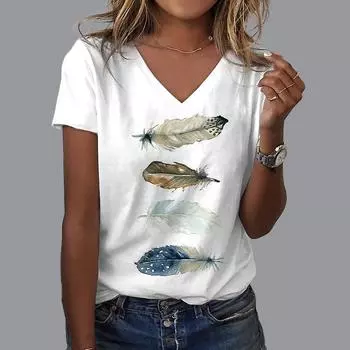 Женская футболка с v-образным вырезом и короткими рукавами, легкий топ с принтом перьев, свободная футболка, повседневная рубашка XS синий