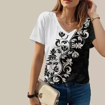 Женская футболка с v-образным вырезом и короткими рукавами, фонарь с цветочным принтом, свободная футболка, повседневная рубашка XS чёрный