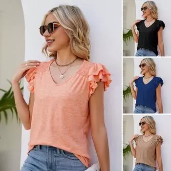 Женская футболка с v-образным вырезом и рюшами, многослойные плиссированные топы с короткими рукавами, однотонная блузка свободного покроя M синий