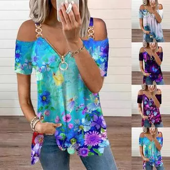 Женская футболка с V-образным вырезом и молнией, летняя блузка с короткими рукавами и открытыми плечами, топы