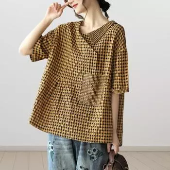 Женская футболка с v-образным вырезом и лацканами, футболка с короткими рукавами и клетчатым принтом, свободный пуловер, топы с карманами, уличная одежда L чёрный