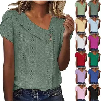 Женская футболка с v-образным вырезом и пуговицами, однотонная, свободная, с короткими рукавами L