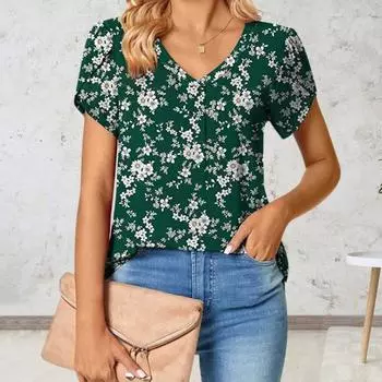 Женская футболка с v-образным вырезом и лепестками, топ с коротким рукавом и цветочным принтом, повседневный свободный пуловер, топы, уличная одежда S зелёный