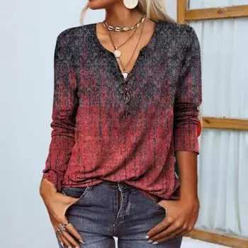 Женская футболка с V-образным вырезом и длинными рукавами, пуловер с принтом, свободный цветок средней длины 3XL вино красного