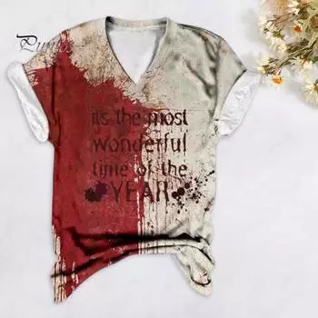 Женская футболка с V-образным вырезом и коротким рукавом, футболка с принтом крови на Хэллоуин, тонкая эластичная, для косплея, фестивалей, пуловеры, топы S