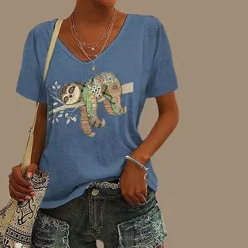 Женская футболка с v-образным вырезом и короткими рукавами, свободная футболка с принтом ленивца, повседневная рубашка XS зелёный