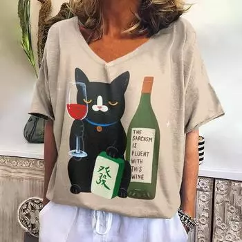 Женская футболка с V-образным вырезом и коротким рукавом Футболки с принтом кота Свободная женская одежда Повседневный свитер Уличная одежда 2024 года Одежда с животными S