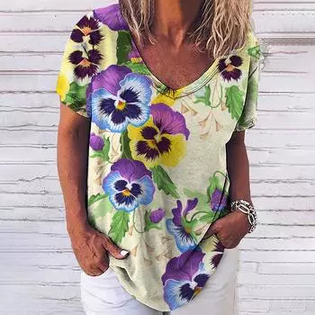 Женская футболка с v-образным вырезом и короткими рукавами, футболки с 3d красивым цветочным принтом, уличная одежда, модная повседневная женская свободная одежда в стиле Харадзюку 3XL