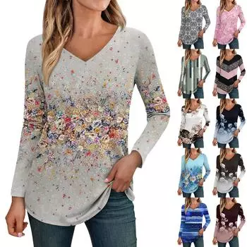 Женская футболка с v-образным вырезом и длинными рукавами в стиле ретро с цветочным принтом L синий