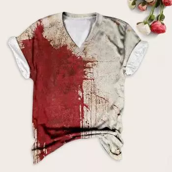 Женская футболка с V-образным вырезом и коротким рукавом, футболка с принтом крови на Хэллоуин, тонкая эластичная, для косплея, фестивалей, пуловеры, топы M