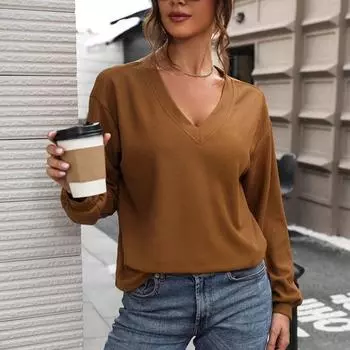 Женская футболка с V-образным вырезом и длинным рукавом, однотонная свободная футболка, мягкий эластичный пуловер, топы на каждый день L коричневый