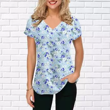 Женская футболка с V-образным вырезом и коротким рукавом с принтом подсолнухов, синего и цветочного моря, свободная повседневная блузка XS синий