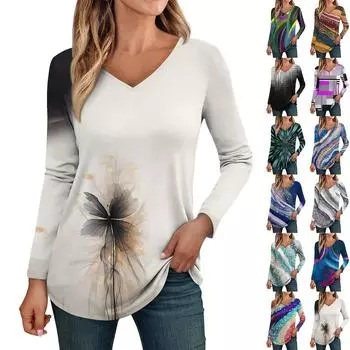 Женская футболка с v-образным вырезом и длинными рукавами в стиле ретро с цветочным принтом S