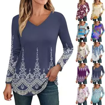 Женская футболка с v-образным вырезом и длинными рукавами в стиле ретро с цветочным принтом XXL