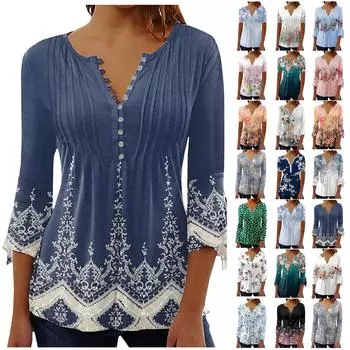 Женская футболка с v-образным вырезом и коротким рукавом с цветочным принтом и пуговицами L чёрный