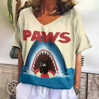 Женская футболка с V-образным вырезом и коротким рукавом Футболки с принтом кота Свободная женская одежда Повседневный свитер Уличная одежда 2024 года Одежда с животными S