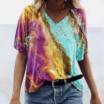 Женская футболка с V-образным вырезом и 3D-печатью, новая персонализированная футболка с короткими рукавами, уличная мода, женская летняя одежда для пляжного отдыха S