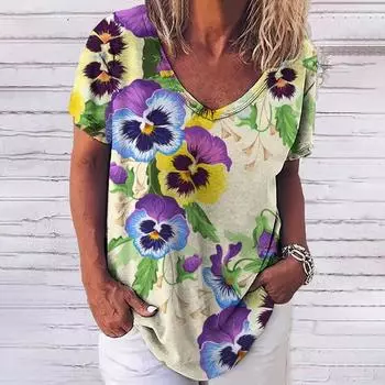 Женская футболка с V-образным вырезом и коротким рукавом, топ с 3D-красивым цветочным принтом, уличная мода, повседневная женская свободная одежда в стиле Харадзюку S