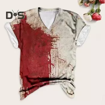 Женская футболка с V-образным вырезом и коротким рукавом, футболка с принтом крови на Хэллоуин, тонкая эластичная, для косплея, фестивалей, пуловеры, топы S