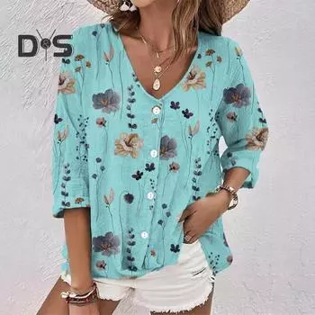 Женская футболка с V-образным вырезом и длинным рукавом, однобортная, с цветочным принтом, свободная, мягкая, повседневная, дышащая, на пуговицах, пуловер, цветная, женская, весна-осень, блузка, рубашка 3XL светло-зеленый
