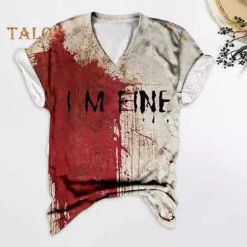 Женская футболка с V-образным вырезом и коротким рукавом, футболка с принтом крови на Хэллоуин, тонкая эластичная, для косплея, фестивалей, пуловеры, топы S