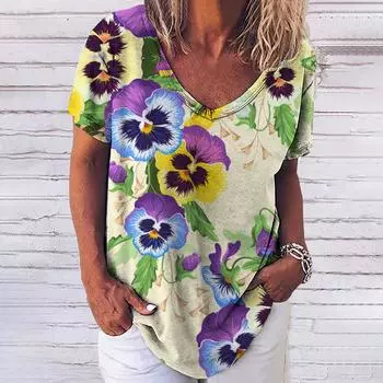 Женская футболка с V-образным вырезом и коротким рукавом, топ с 3D-красивым цветочным принтом, уличная мода, повседневная женская свободная одежда в стиле Харадзюку S