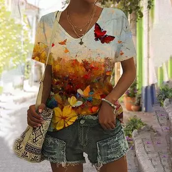 Женская футболка с V-образным вырезом и цифровым принтом в виде бабочки в стиле ретро с 3D короткими рукавами, летний новый стиль S