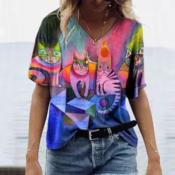 Женская футболка с V-образным вырезом и короткими рукавами с изображением котенка, пьющего кофе, милые футболки с 3D-принтом для женщин S