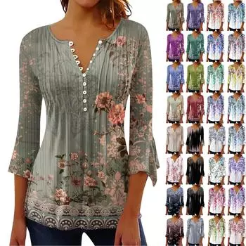 Женская футболка с v-образным вырезом и короткими рукавами с принтом и пуговицами L армия зеленый